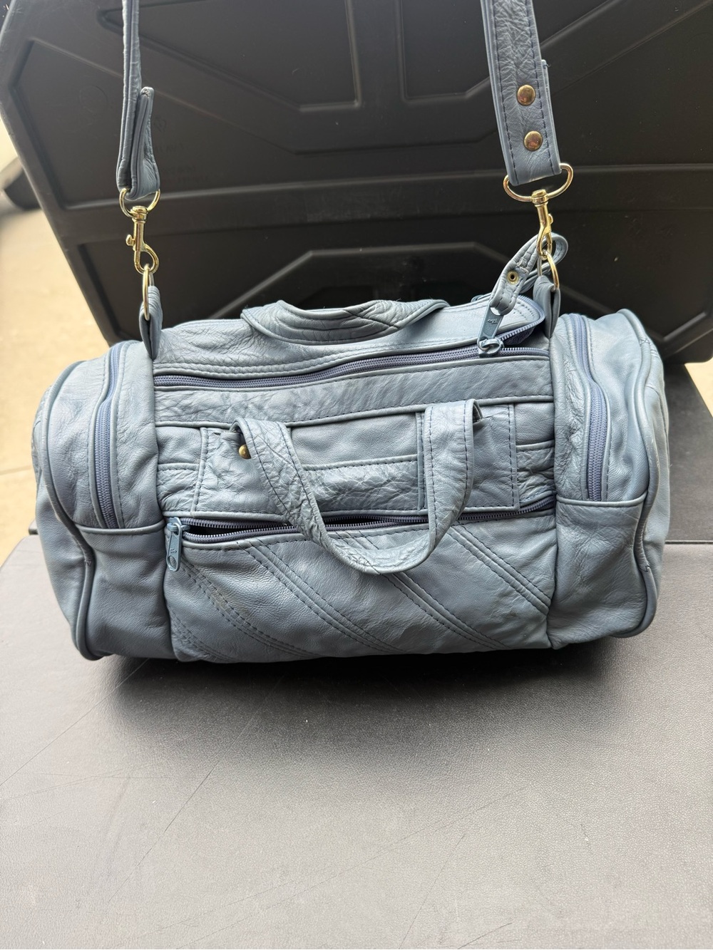 Vintage Men's Slate Blue Leather Duffel Bag with Detachable Strap